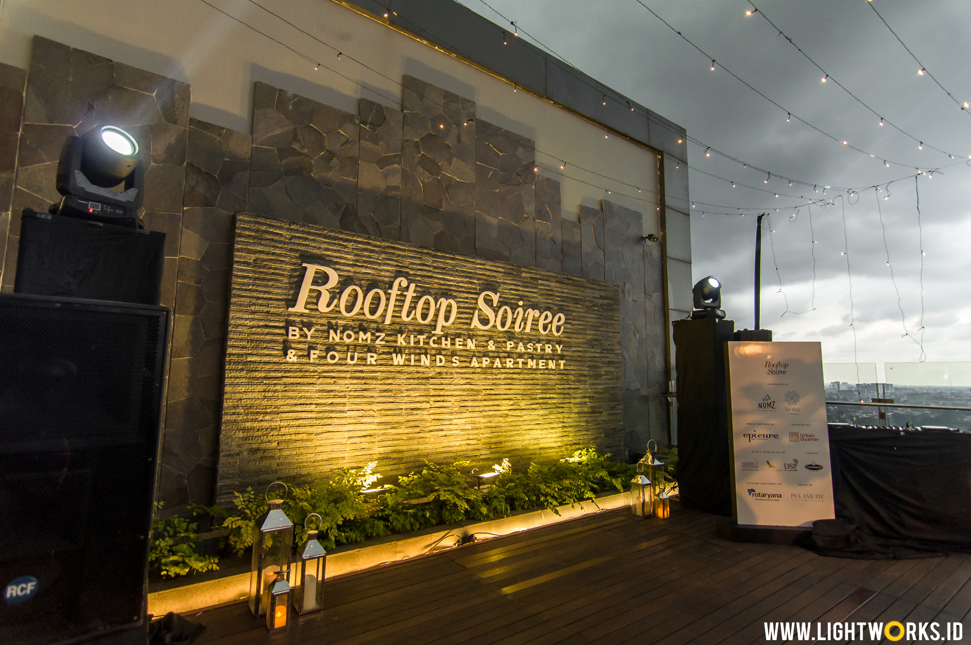 Rooftop Soiree | Venue at Four Winds Apartment | Decoration by Pea and Pie | Partner up with Nomzjakarta | MC by Dave Hendrik | Interior by Urban Quarter Indonesia | Media partner by Epicure Magezine Asia | Wolfblass wine by DSP Wine & Spirits | Glassess by Riedel Indonesia | Kitchen Equipment by Rotaryana Prima | Cider by Strongbow Indonesia | Supported by RINKU | Lighting by Lightworks